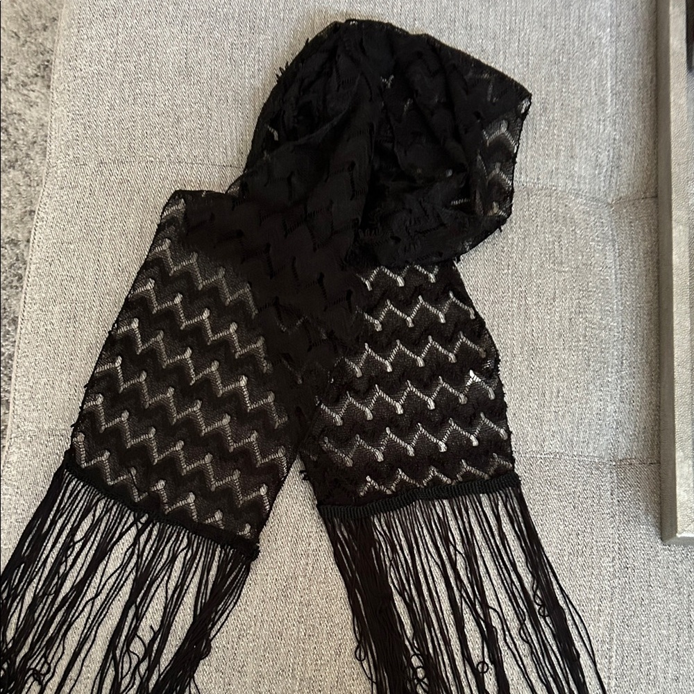 Elegant Black Lace and Fringed Scarf